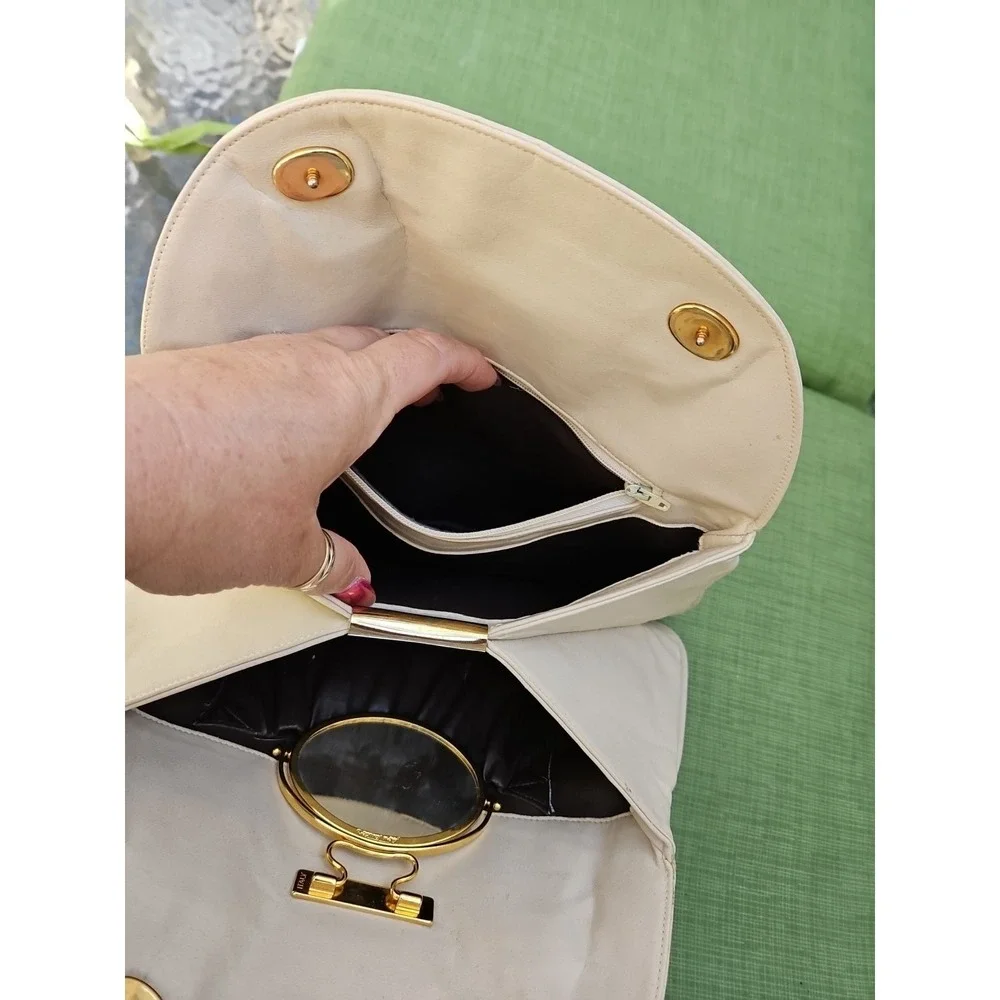 Lou Taylor Purse Italy Leather HORSE BIT Swivel Mirror Miami Vintage Cream Ivory